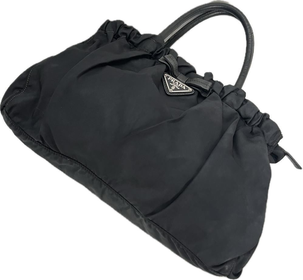 PRADA Hand Bag Tote Purse Logo Nylon Leather Black Authentic