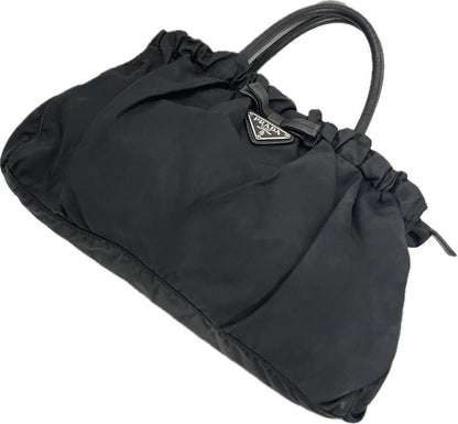 PRADA Hand Bag Tote Purse Logo Nylon Leather Black Authentic