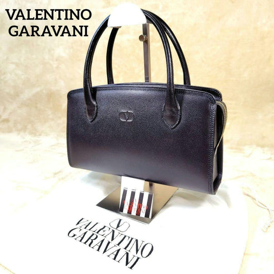 Valentino Garavani Hand Bag Tote Purse Logo Leather Black Authentic