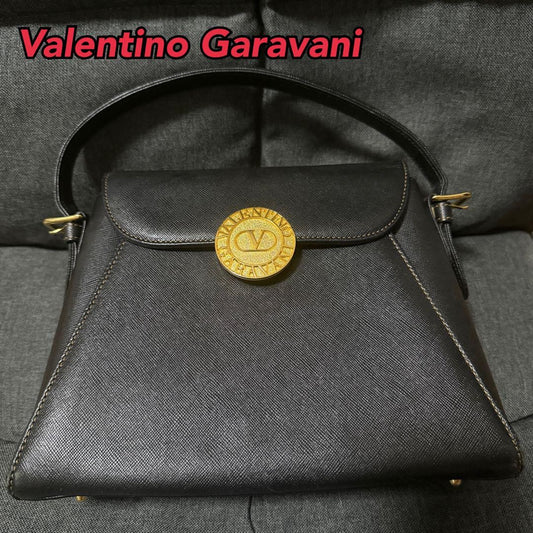 Valentino Garavani Hand Bag Tote Purse Logo Leather Black Authentic