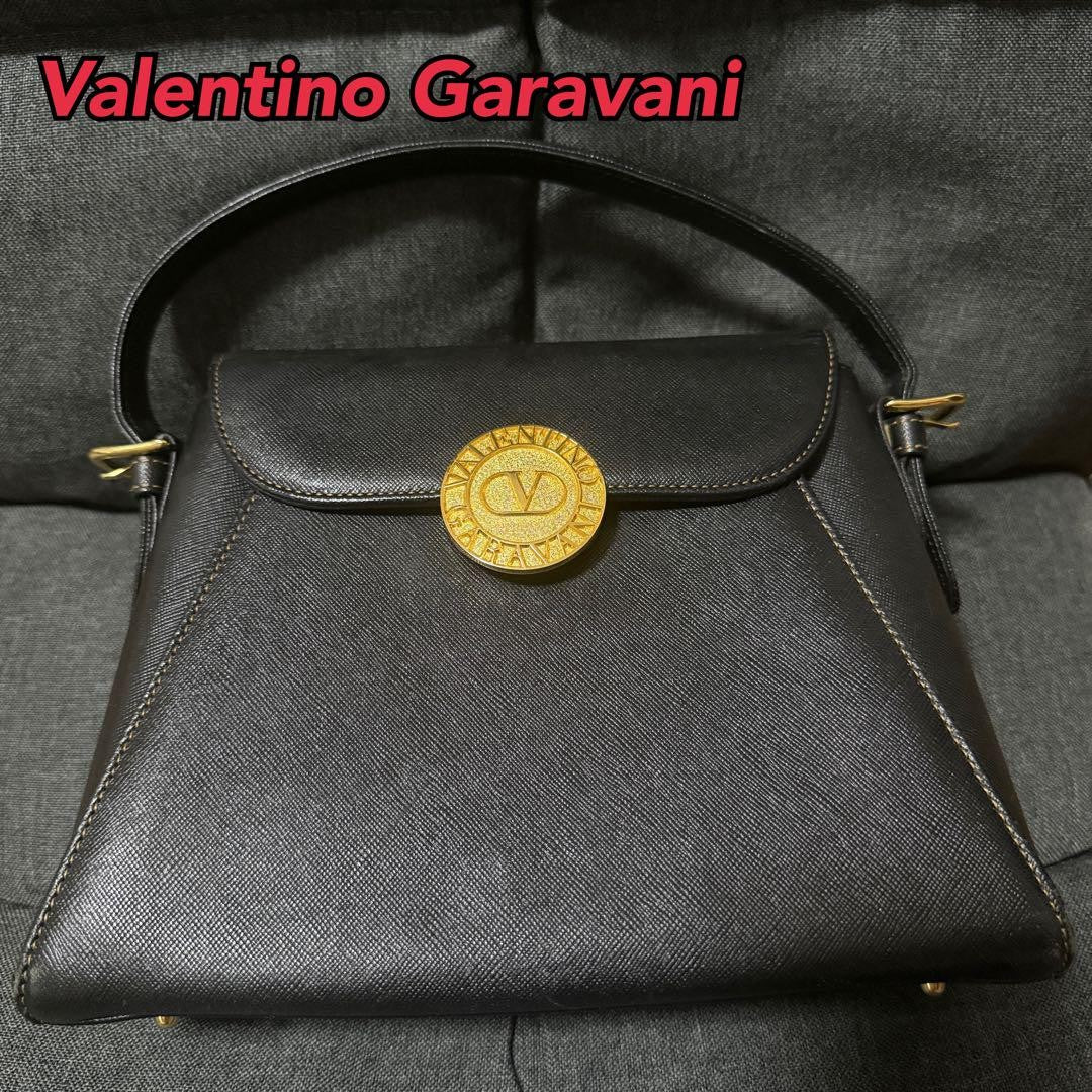 Valentino Garavani Hand Bag Tote Purse Logo Leather Black Authentic