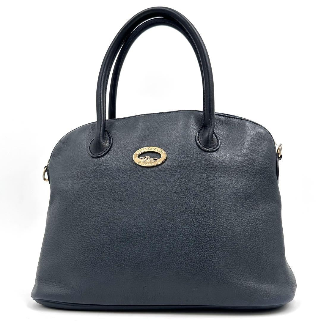 Longchamp Hand Bag Tote Purse Leather Navy Authentic
