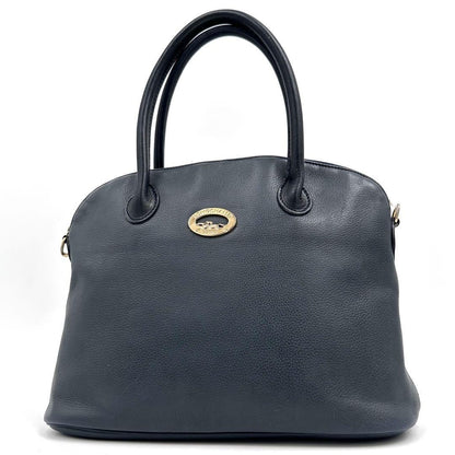 Longchamp Hand Bag Tote Purse Leather Navy Authentic