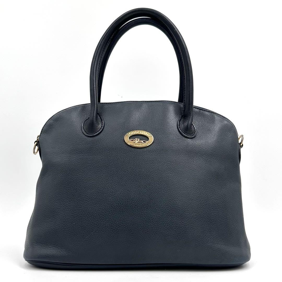 Longchamp Hand Bag Tote Purse Leather Navy Authentic