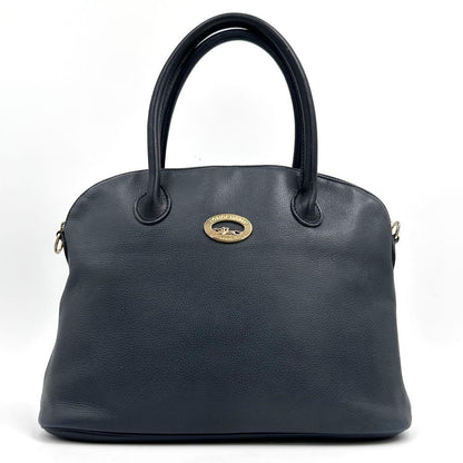 Longchamp Hand Bag Tote Purse Leather Navy Authentic