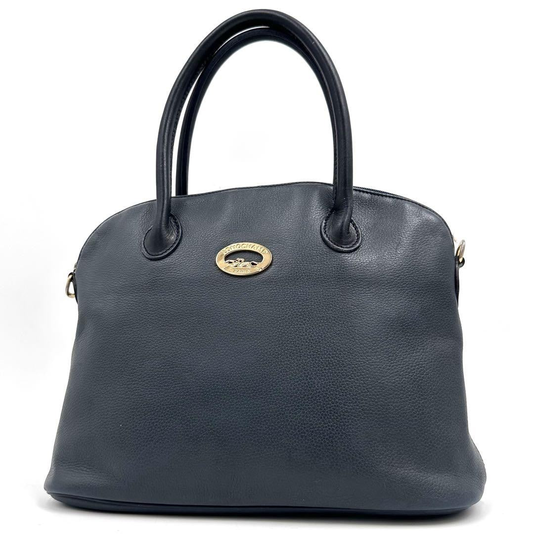 Longchamp Hand Bag Tote Purse Leather Navy Authentic