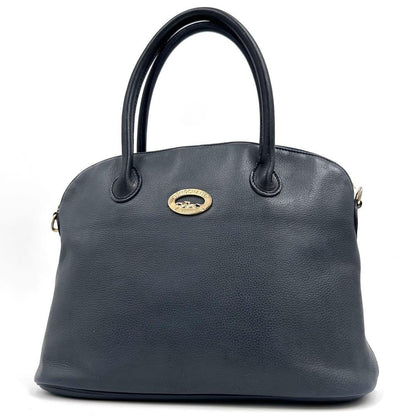Longchamp Hand Bag Tote Purse Leather Navy Authentic