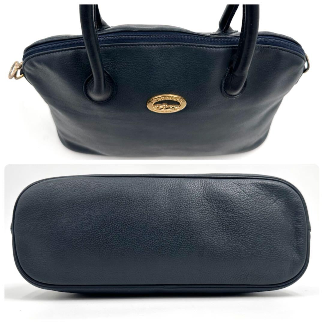 Longchamp Hand Bag Tote Purse Leather Navy Authentic