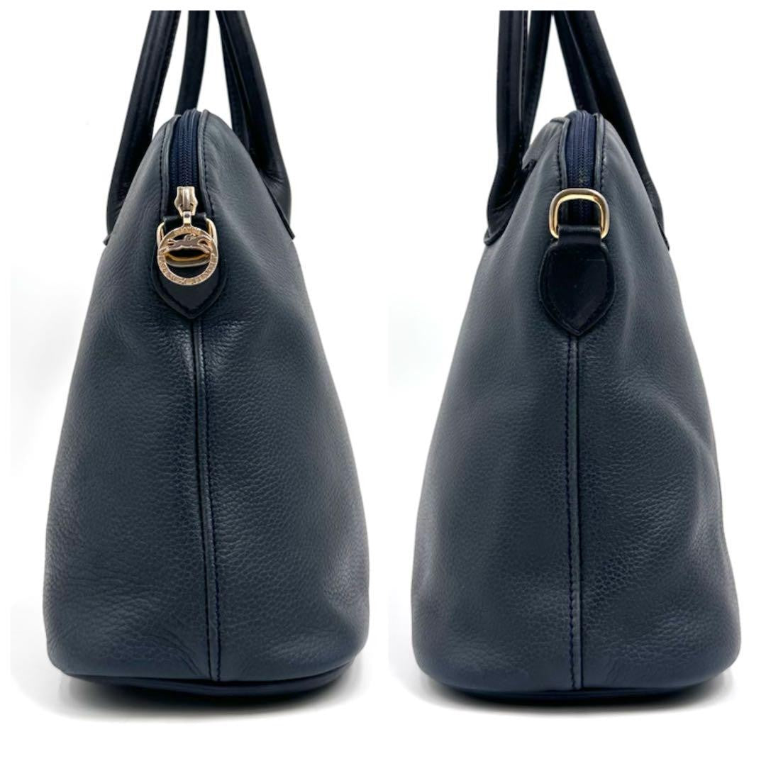Longchamp Hand Bag Tote Purse Leather Navy Authentic