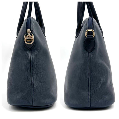 Longchamp Hand Bag Tote Purse Leather Navy Authentic