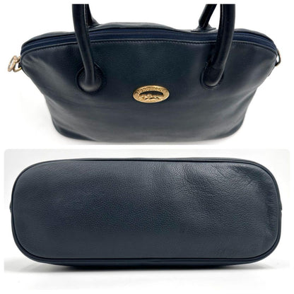 Longchamp Hand Bag Tote Purse Leather Navy Authentic