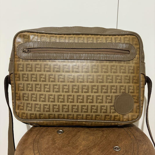 FENDI Shoulder Bag Purse FF Zucca PVC Leather Brown Authentic