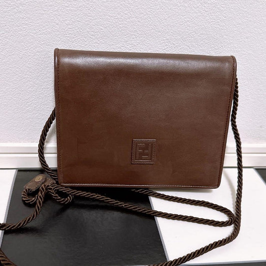 FENDI Shoulder Bag Purse FF Leather Brown Authentic