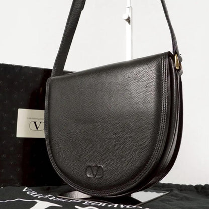 Valentino Garavani Shoulder Bag Purse Logo Leather Black Authentic