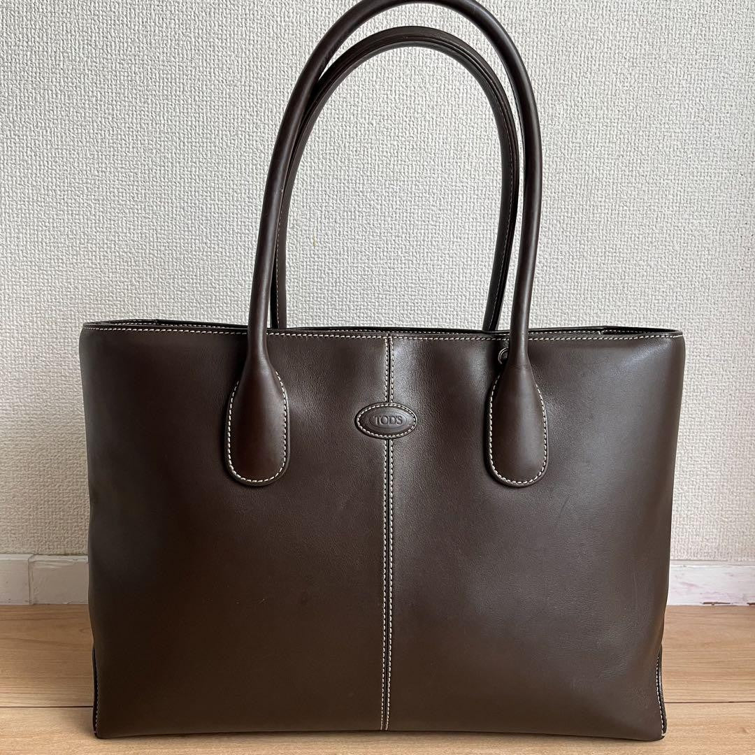 TOD'S Hand Bag Tote Purse Logo Leather Brown Authentic
