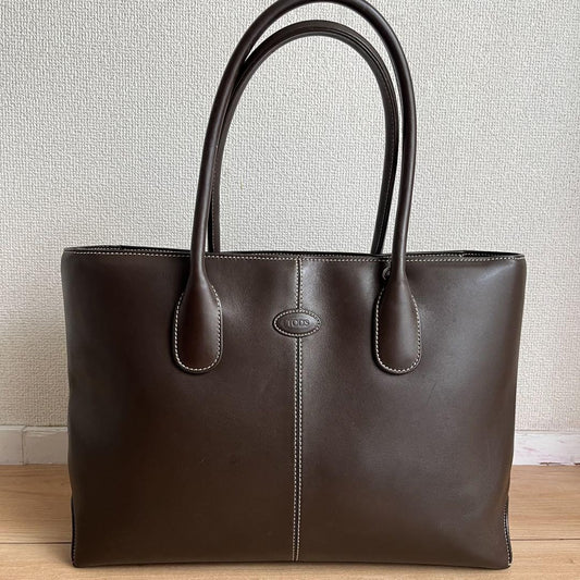 TOD'S Hand Bag Tote Purse Logo Leather Brown Authentic