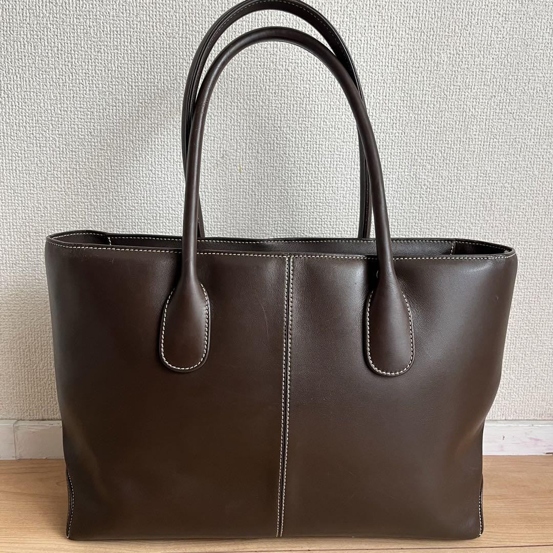 TOD'S Hand Bag Tote Purse Logo Leather Brown Authentic