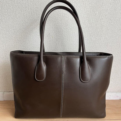 TOD'S Hand Bag Tote Purse Logo Leather Brown Authentic