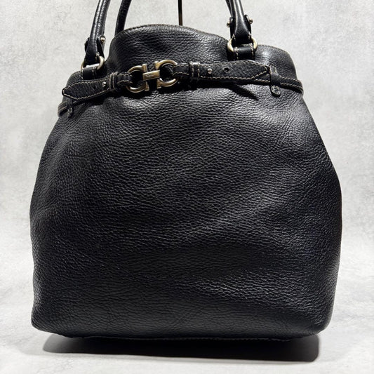 Salvatore Ferragamo Hand Bag Tote Purse Gancini Leather Black Authentic
