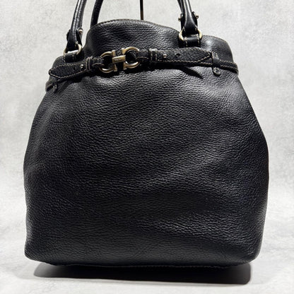 Salvatore Ferragamo Hand Bag Tote Purse Gancini Leather Black Authentic