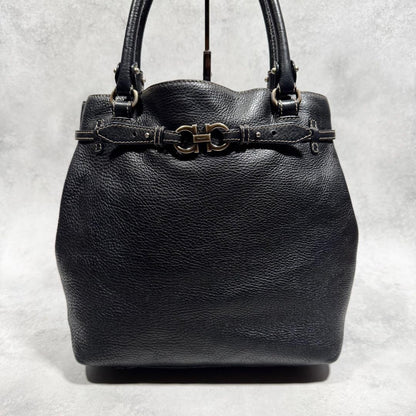Salvatore Ferragamo Hand Bag Tote Purse Gancini Leather Black Authentic