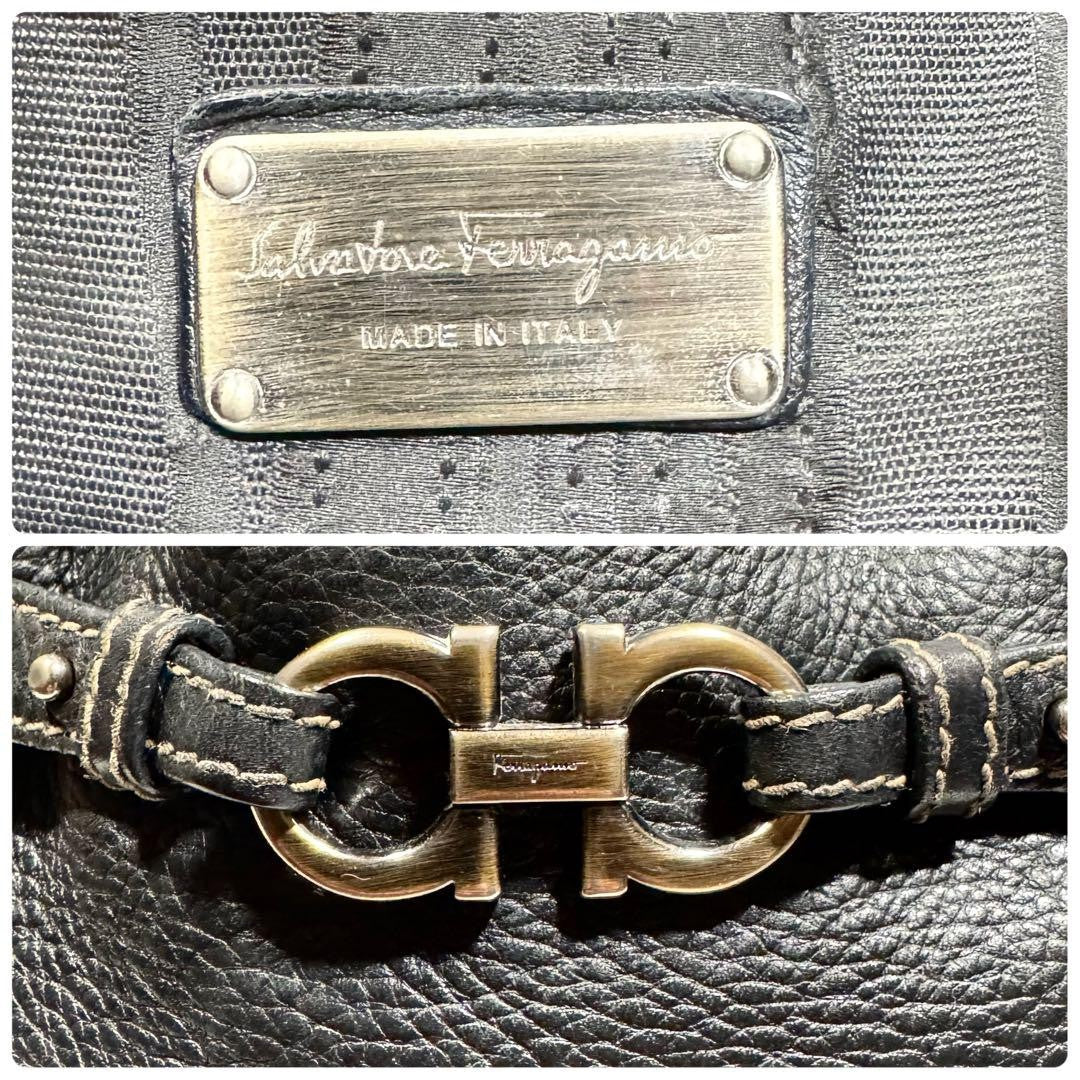 Salvatore Ferragamo Hand Bag Tote Purse Gancini Leather Black Authentic