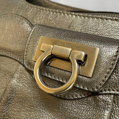 Salvatore Ferragamo Hand Bag Tote Purse Gancini Leather Champagne Gold Authentic