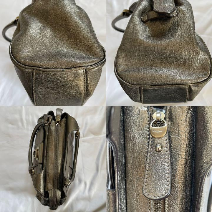Salvatore Ferragamo Hand Bag Tote Purse Gancini Leather Champagne Gold Authentic