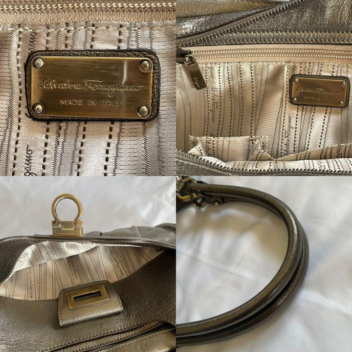 Salvatore Ferragamo Hand Bag Tote Purse Gancini Leather Champagne Gold Authentic