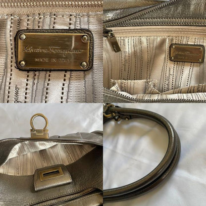 Salvatore Ferragamo Hand Bag Tote Purse Gancini Leather Champagne Gold Authentic