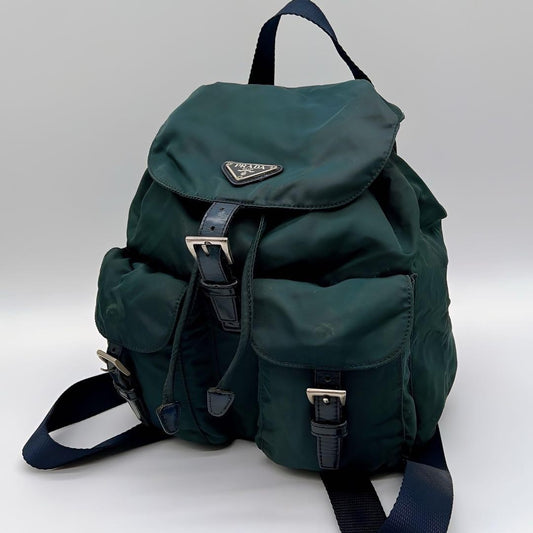 PRADA Backpack Logo Nylon Leather Green Authentic