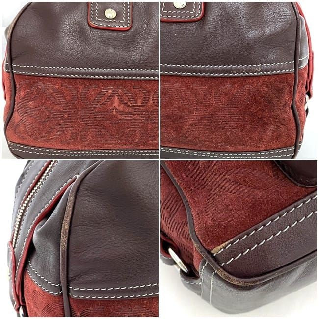 LOEWE Hand Bag Tote Purse Anagram Leather Suede Bordeaux Authentic