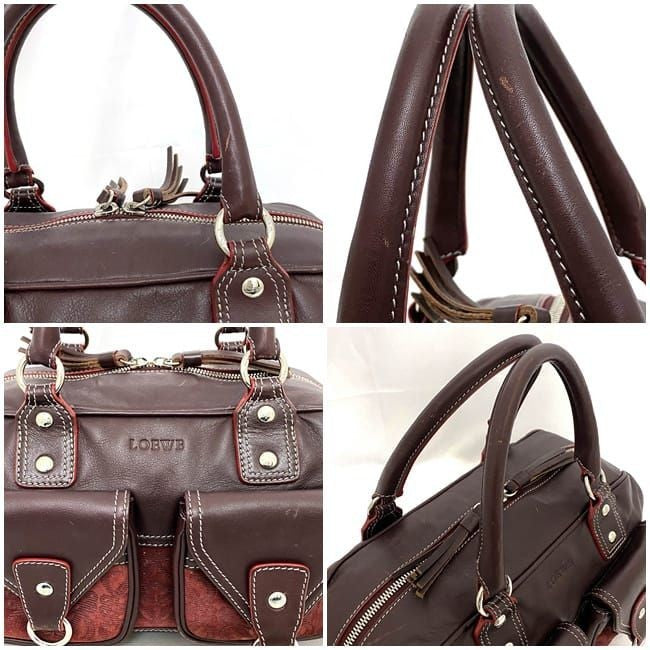 LOEWE Hand Bag Tote Purse Anagram Leather Suede Bordeaux Authentic