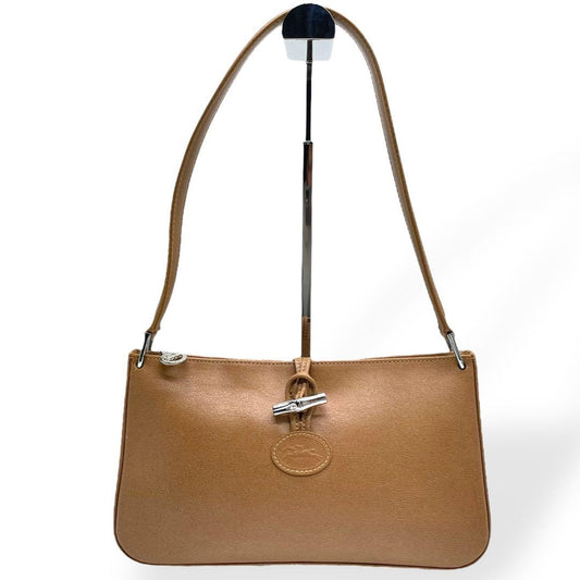 Longchamp Shoulder Bag Purse Leather Beige Authentic