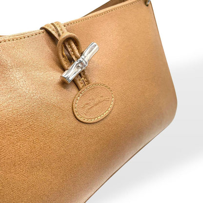 Longchamp Shoulder Bag Purse Leather Beige Authentic