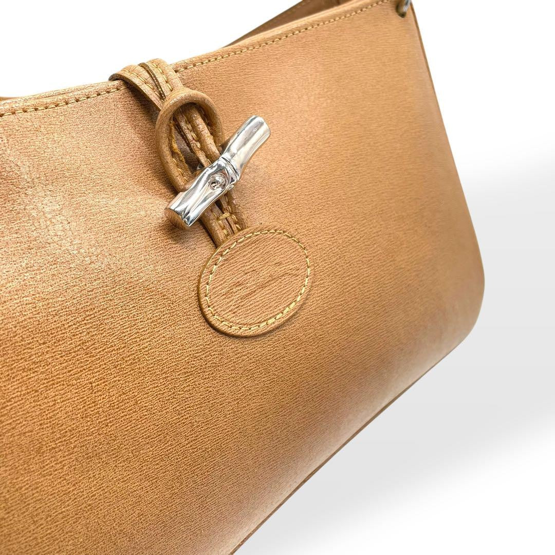 Longchamp Shoulder Bag Purse Leather Beige Authentic