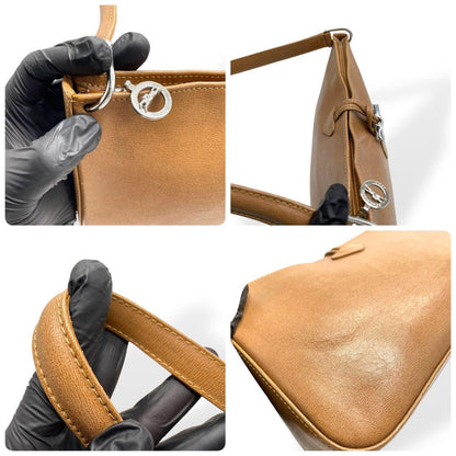 Longchamp Shoulder Bag Purse Leather Beige Authentic