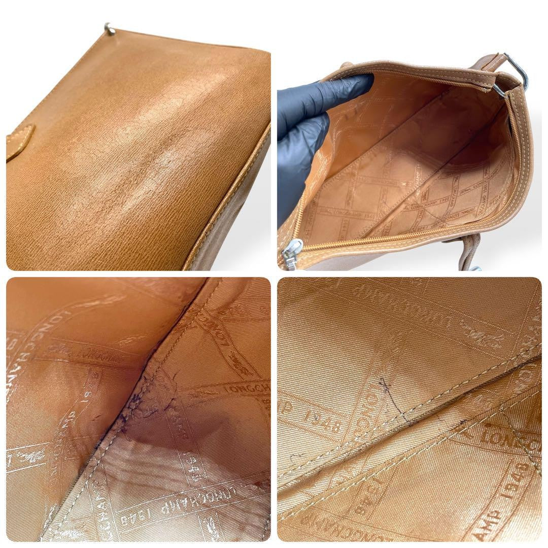 Longchamp Shoulder Bag Purse Leather Beige Authentic
