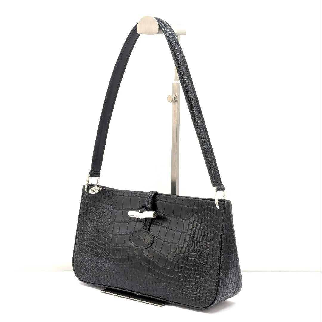 Longchamp Shoulder Bag Purse Leather Black Authentic