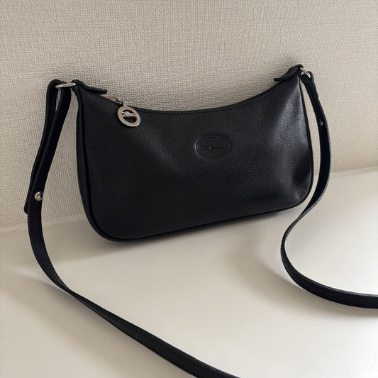 Longchamp Shoulder Bag Purse Leather Black Authentic