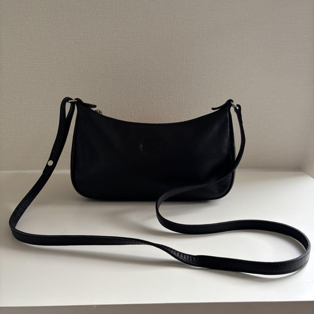 Longchamp Shoulder Bag Purse Leather Black Authentic