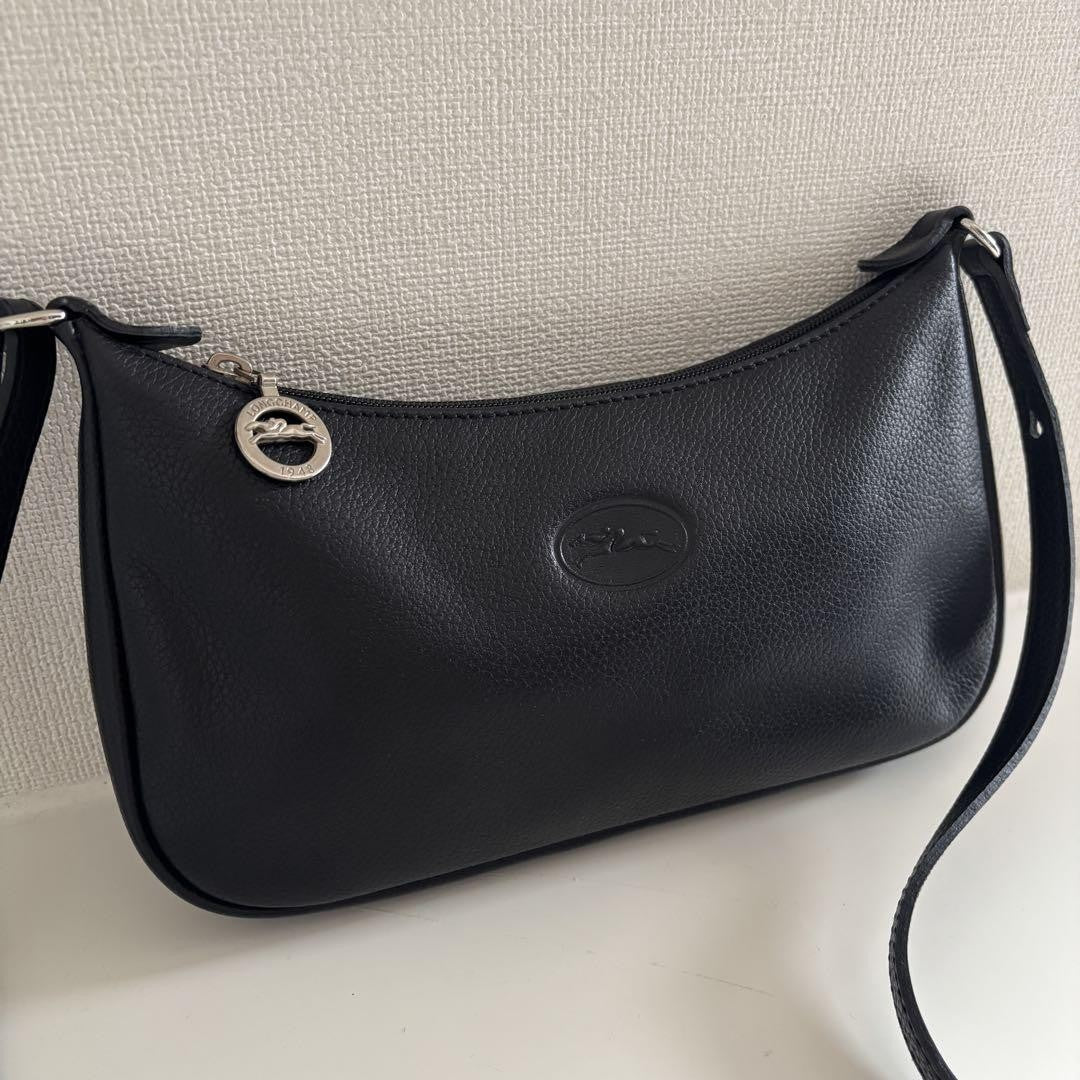 Longchamp Shoulder Bag Purse Leather Black Authentic