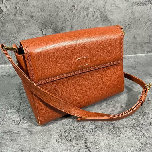 Valentino Garavani Shoulder Bag Purse Logo Leather Brown Authentic