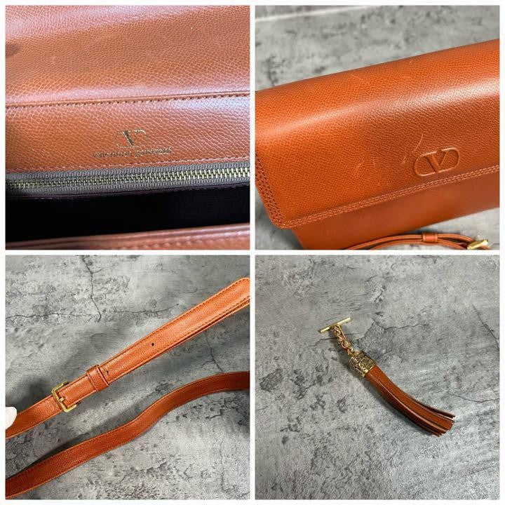 Valentino Garavani Shoulder Bag Purse Logo Leather Brown Authentic