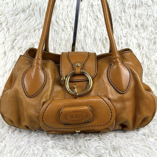 TOD'S Hand Bag Tote Purse Leather Beige Authentic