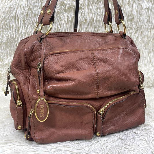 TOD'S Shoulder Bag Purse Leather Brown Authentic
