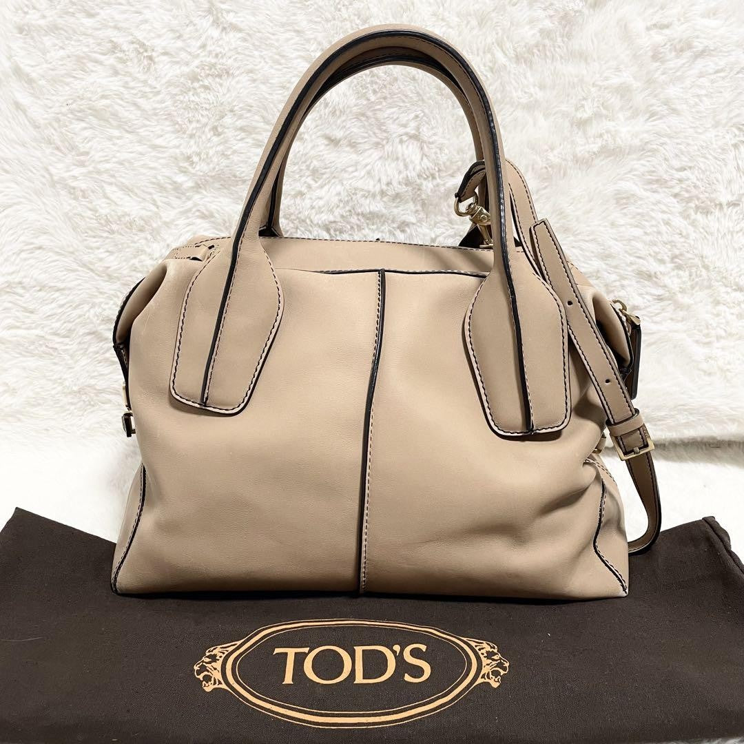 TOD'S Hand Shoulder Bag Tote Purse 2way D-Styling Leather Beige Authentic