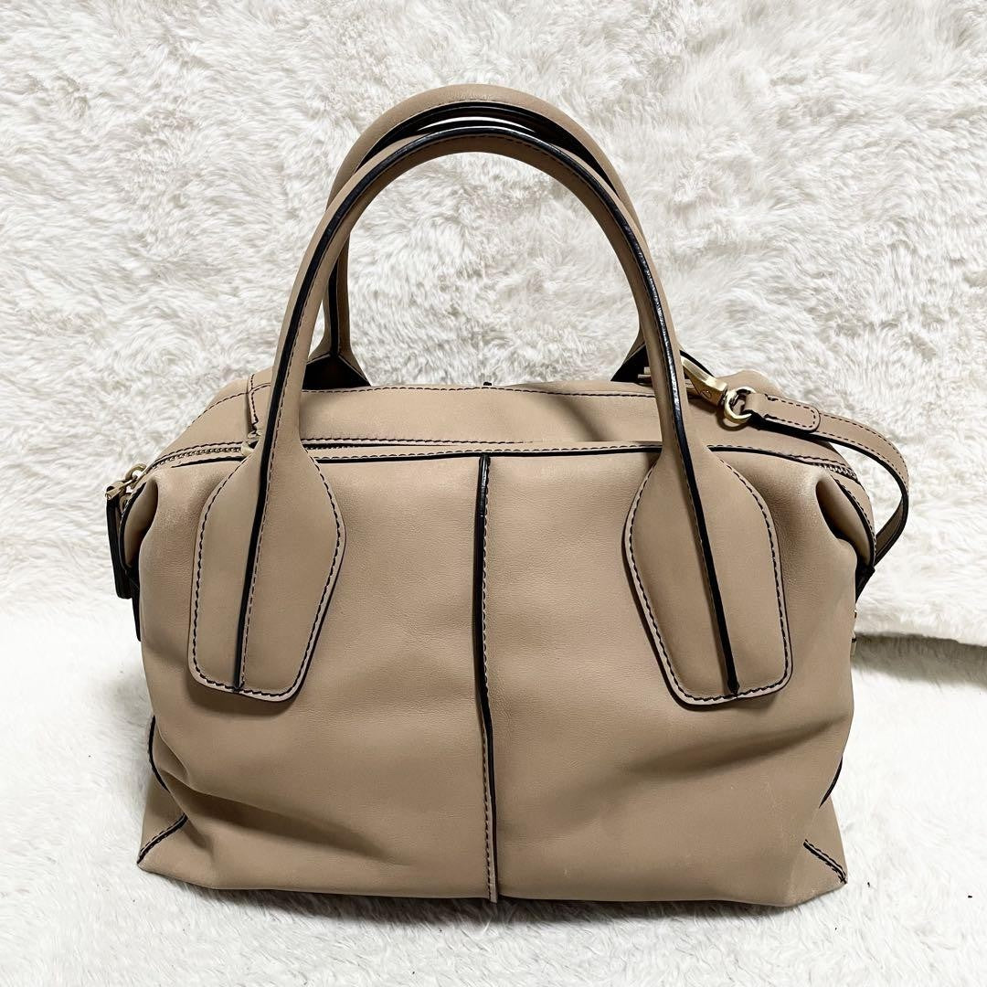 TOD'S Hand Shoulder Bag Tote Purse 2way D-Styling Leather Beige Authentic