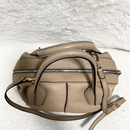 TOD'S Hand Shoulder Bag Tote Purse 2way D-Styling Leather Beige Authentic