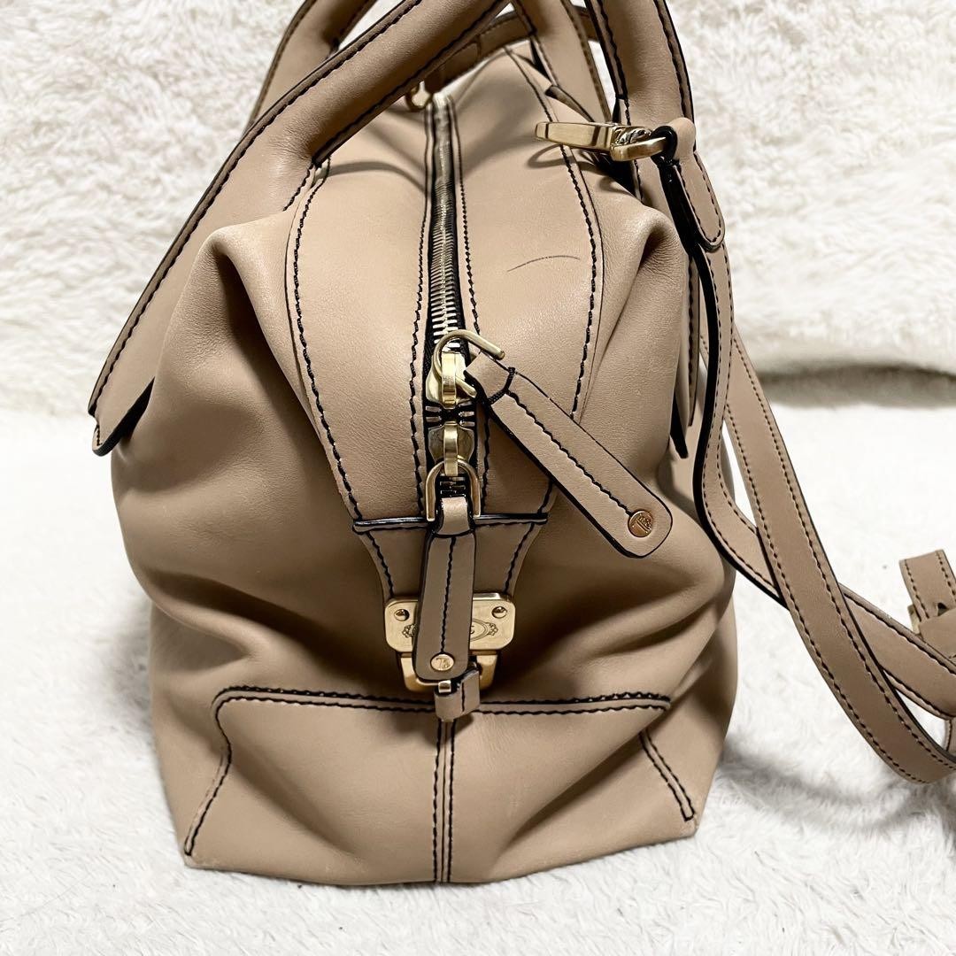 TOD'S Hand Shoulder Bag Tote Purse 2way D-Styling Leather Beige Authentic